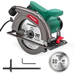 Circular Saw, 1300W HYCHIKA Electric Saw 4500RPM, High Power Motor, 24T Blade(185mm), Cutting Depth 65mm (90º), 45mm (45º), Safety Switch, Dust Extraction, for Wood/Plastic Cutting