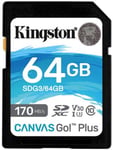 Secure Digital SDXC 64 GB Kingston Canvas Go! Plus, 170/90 MB/sek, Class 10, UHS-I U3, V30