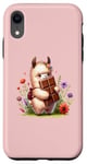 Coque pour iPhone XR Rose Mignon Lama Mangeant Barre de Chocolat Fond Floral