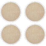 38 cm, set med 4 jute-bordsunderlägg med dekorativa vita pompom