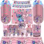 Rosa Stitch Födelsedagsfest Dekoration Lilo Och Stitch Tema Bordsservis Angel Ballong Tallrikar Koppar Tillbehör För Barn Flickor Hög Kvalitet