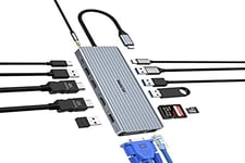 Docking Station USB C Dual HDMI, 14 en 1 Triple Pantola USB C Station d'accueil Adaptee pour Windows/macOS (2 HDMI 4k + VGA + 10GB USB 3.1 + 10GB USB-C + 4 USB 2.0+100W PD+ Ethernet +SD/TF+ Audio)