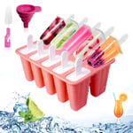Ice Lolly Maker Moulds Silicone 10 Cavities Baby Ice Lolly Moulds Bpa Free Ice Lolly & Ice Cream Moulds Reusable Ice Pop Mould Popsicle Mould Silicone with Cleaning Brush and Folding Funnel Red