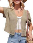 GRACE KARIN Gilet Court Femme Manche Courte Été Bolero de Mariée à Nouée Chic et Elegant Kaki XL