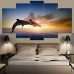 5 Panel Wall Art Pictures Dolphin jumped out of the water,Prints On Canvas 100x55cm Wooden Frame Ready To Hang The Animal Photo For Home Modern Decoration Wall Pictures Living Room Print Decor