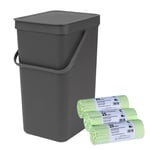 Brabantia Sort & Go Recycling Bin – 16Litre & 75x Compostable Bags – Grey