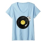 Womens Happy Hardcore Vinyl Record Deck Acid House Ravers V-Neck T-Shirt