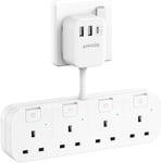 Multi Plug Extension with 3 USB (1 Type C), 4 Way Plug Adapter with Individua..