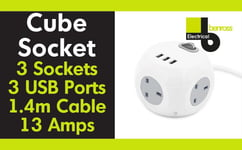 3 Way Power Cube Socket with 3 USB Ports & 1.4M Electric Extension Lead Benross