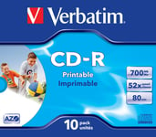 Verbatim 43325 700MB 52x CD-R AZO Wide Inkjet Printable - 10 Pack JC