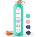 Glasvattenflaska med bambulock - 1000 ml sportdryckesflaska med tidsmarkör, återanvändbar krossäker silikonfodralflaska för fitness gym utomhus Green
