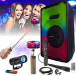 MOOVING LIGHT & SOUND - Enceinte Autonome Bluetooth sur batterie 500W Karaoke KARA-MOOV500 - 2 Micros - 2 Jeux de Lumière
