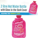 SOFT DURABLE 2L HOT WATER BOTTLE WITH GLOW IN THE DARK COVER KEEPING WARM COZY