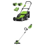 Greenworks 40V Cordless Lawn Mower 41cm (16") with 2x 2Ah batteries and charger - 2504707UC & Greenworks 40V Cordless String Trimmer (Front-mount motor) - Battery and charger not included - 2101507