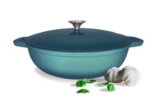 Smith-Style Enameled Cast Iron Casserole Dish with Lid for Oven 30cm Round Shallow Non-Stick Pot with Ceramic & Enamel Coating for Cooking BBQ Pot – Turquoise 4.2L