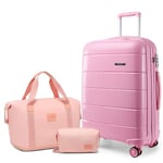 Kono Luggage 3 Piece Sets Carry On Suitcase 55x40x20 Cabin Hand Luggage with Travel Bag and Toiletry Bag Lightweight Polypropylene Travel Trolley Case with Secure TSA Lock (Pink, Luggage Set of 3PCS)