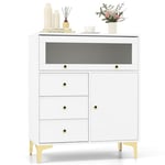 COSTWAY Commode de Rangement, Buffet de Salon avec Placard, Porte en Verre Strié Basculante, 3 Tiroirs Coulissants, Pieds Métalliques Dorés, Kit Anti-Basculement, Armoire pour Chambre, Entrée, Gris