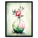 A Single Rose In A Glass Vase Watercolour Painting Green Pink Valentines Day Flower Romance Nature Colourful Bright Floral Modern Artwork Art Print Fr