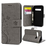 Samsung Galaxy S10e Case Premium PU Leather Flip Phone Cover Butterfly and Flower Embossed Wallet Protective Case for Samsung Galaxy S10e with [Kickstand] Card Holder, Grey