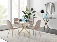 Novara 100cm Round Tempered Glass Dining Table with Gold Legs & 4 Corona Faux Leather Chairs
