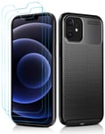 ivoler Case Compatible with iPhone 12 Mini 5.4 inch with 3 Pack Tempered Glass Screen Protector, Carbon Fiber Design Shock Absorption Bumper Cover, Slim Soft Silicone Shockproof Phone Case, Black