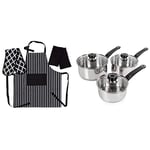 Penguin Home Morphy Richards Saucepans Sets With Lids, Stay Cool Handles, Stainless Steel Pan Set, 3 Piece Apron, Double Oven Glove and 2 Kitchen Tea Towels Set - Black/White