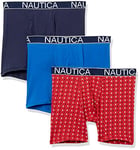 Nautica Men's 3 Pack Cotton Stretch Boxer Brief, Peacoat/Sea Cobalt/Anchor Print Red, Medium