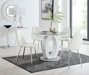 Giovani Round 4 Seat 100cm White High Gloss Halo Base Grey Glass Top Dining Table 4 Soft Faux Leather Silver Leg Corona Chairs