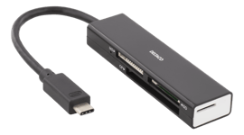 Deltaco USB 3.1 Gen 1 minneskortläsare, 4 fack, USB-C, stödjer SD, Micro-SD, CF, TF och MemoryStick, svart