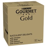 Jumbopakke Gourmet Gold saftige fine strimler 96 x 85 g  - Kylling, Havfisk, Storfe, Laks