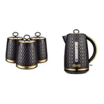 Tower T826091BLK Empire Set of 3 Storage Canisters for Tea Coffee Sugar, 1.3L, Black and Brass & T10052BLK Empire 1.7 Litre Kettle with Rapid Boil, Removable Filter, 3000W, Black with Brass Accents