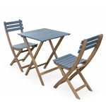 Table de jardin bistrot en bois 60x60cm - Barcelona Bois / Bleu - pliante bicolore carrée en acacia avec 2 chaises pliables - Bleu
