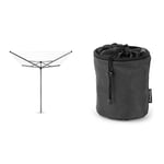 Brabantia Topspinner Large Rotary Washing Line with 45 mm Metal Ground Spike, 60 m & 105760 Premium Peg Bag with Hanging Clip - Black