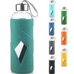 Reeho 1000 ml / 1 Litre Sports Borosilicate Glass Water Bottle BPA-Free with Anti-slip Silicone Sleeve and Leak Proof Stainless Steel Lid (Dark Green)