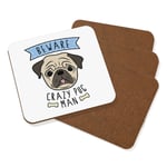 Beware Crazy Pug Man Coaster Drinks Mat Set Of 4 - Funny Dog Animal Puppy