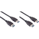 PremiumCord Rallonge USB 3.0, Câble de Données SuperSpeed Jusqu'à 5 Gbit/S, Câble de Charge, USB 3.0 Type A Femelle vers Mâle, 9 Broches, 3 Blindages, Couleur Noir, Longueur 2 m (Lot de 2)