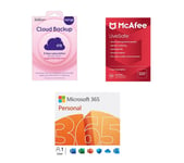 Microsoft 365 Personal (12 months (automatic renewal), 1 user), McAfee LiveSafe (1 year, unlimited devices) & Cloud Backup (4 TB, 3 years) Bundle