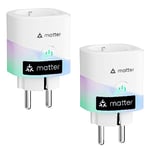 Meross Matter Prise Connectée (Type F), 16A Prise WiFi Compatible avec Apple Home, Alexa et Google Home, Lot de 2 Prise avec Mesure de Consommation d'Énergie pour Panneau Solaire Photovoltaïque
