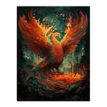 Majestic Phoenix Bird Concept Painting Blue Orange Red Mythical Creature Rising from the Ashes Spreading Fire Wings Vibrant Portrait Unframed Wall Art