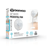 Daewoo 16'' Pedestal Fan 3 Speed Oscillating Head in White, 45W, COL1568GE -New