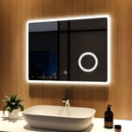 Miroir lumineux de salle de bain 80x60cm anti-buée Miroir Mural, 3 Dimmable éclairage et 3x Loupe Miroir Maquillage - Meykoers
