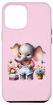 Coque pour iPhone 15 Pro Max Bébé éléphant rose en tenue, fleurs et papillons