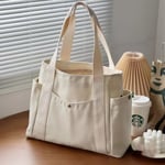Stor Kapacitet Canvas Tote Bag för Arbetsresor Bärväska College Stil Student Outfit Bok Axelväska White