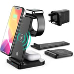 3 in 1 Wireless Charger-15W/ Wireless Fast Charging Stand, Qi-Certified Magnetic Charging Station and Dock Compatible with iPhone 12/11/X/XS Max/8 Plus, Huawei, Samsung, Apple Watch, AirPods