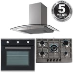 SIA Black 60cm Single True Fan Electric Oven, 70cm Gas Hob And Curved Glass Hood