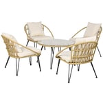 Outsunny Salon de Jardin extérieur Lot de 5 pièces avec 4 fauteuils et 1 Table Basse Ronde Plateau Verre trempé - Style bohème + 8 Coussins - résine tressée