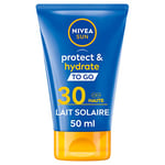 NIVEA SUN Lait solaire Protect & Hydrate format voyage FPS 30 (1 x 50 ml), Crème solaire hydratation 48H, Protection solaire à la formule agréable