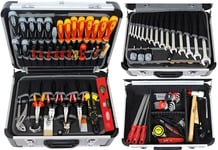 FAMEX 418-88 Mallette à outils professionnelle en aluminium remplie avec kit d'outils pour usage commercial, outils de production allemande, valise équipée avec poches de rangement