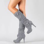 Kvinnor Kalv Höga Stövlar Chunky Klack Höga Booties Spetsiga Tå Spänne Vinter Skor_cv Grey 40