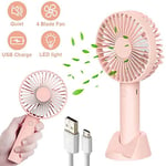 Cordless Fans Portable Handheld Fan, Mini Handheld Rechargeable Fan, Personal Fans Small Handheld 3 Speed with Stand Base, Hand Fan with Led Light for Travel Home,Office, Outdoor and Indoor